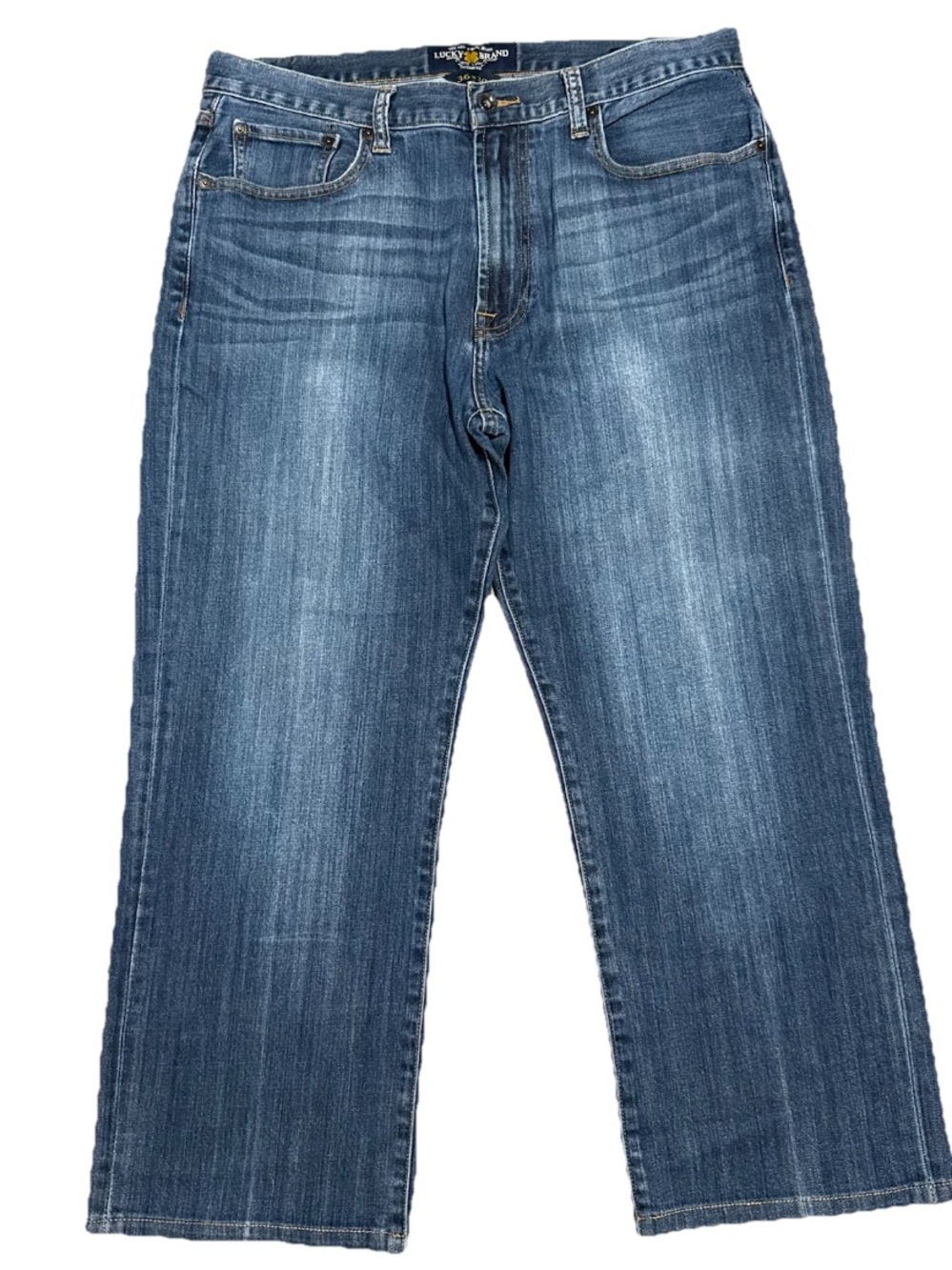 Lucky Brand Mens Blue Jeans 181 Relaxed Straight Denim 36 x 30 Whiskered Stretch